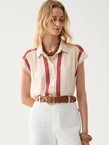 Florisole Women's Elegant Commuter Casual Bohemian Ruffle Patchwork Blouse - Apricot - View 1