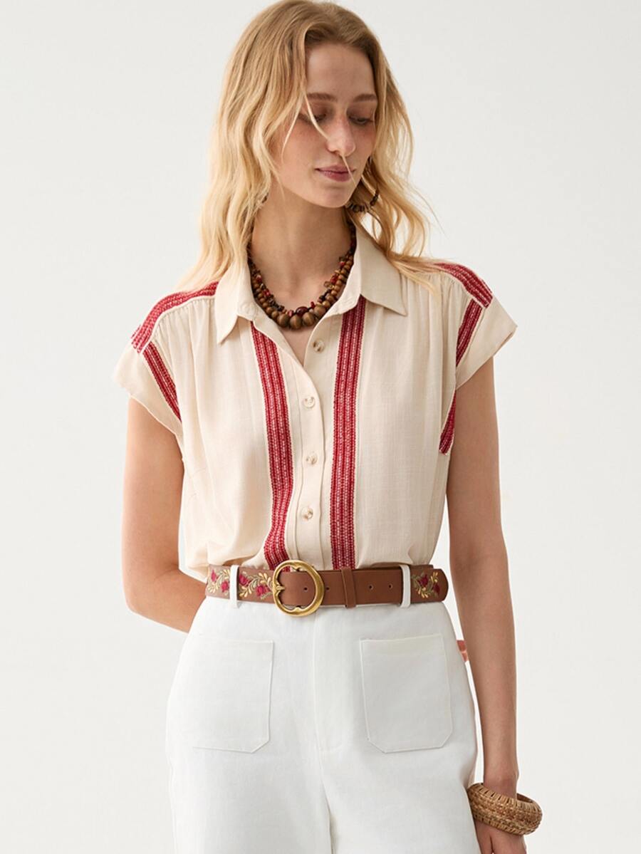 Florisole Women's Elegant Commuter Casual Bohemian Ruffle Patchwork Blouse - Apricot - View 1