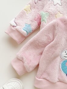 SHEIN 4件組幼女運動衫長褲套裝，可愛甜美粉色獨角獸星星貼布，毛茸茸長袖圓領加厚，生日冬季保暖度假慢跑裝 - 淺粉色 - 查看 6