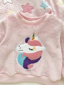 SHEIN 4件組幼女運動衫長褲套裝，可愛甜美粉色獨角獸星星貼布，毛茸茸長袖圓領加厚，生日冬季保暖度假慢跑裝 - 淺粉色 - 查看 5