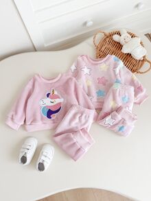 SHEIN 4件組幼女運動衫長褲套裝，可愛甜美粉色獨角獸星星貼布，毛茸茸長袖圓領加厚，生日冬季保暖度假慢跑裝 - 淺粉色 - 查看 4