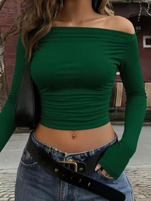 Flirla Fashionable Commuter Solid Color Asymmetric Neck Ruched Fitted Cropped T-Shirt - Green - View 1