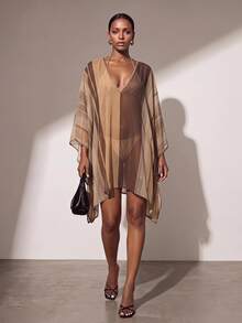 Zivah New Elegant  Colorblock Striped Print Robe Shawl Cover-Up, Suitable For Multiple Occasions, Elegant Beach Vacation Vacation Outfits Women - Multicolor - View 2