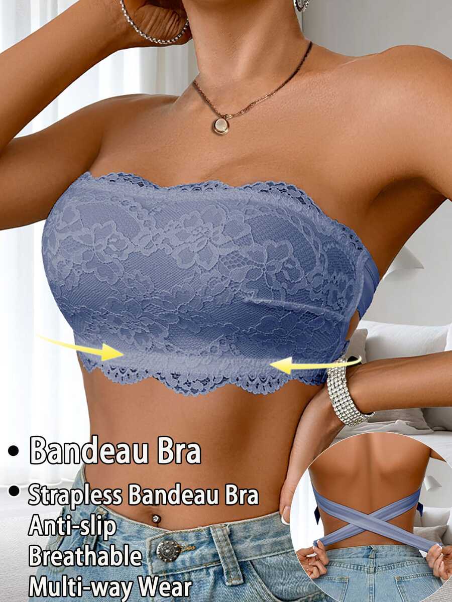 Crystal Vow 1pc Women's Lace Bandeau Bra, Wire-Free - Blue - View 1