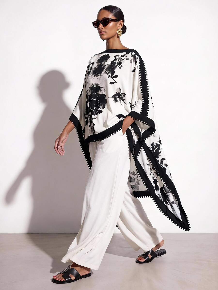 Zivah Women's Ink Print Lace Trim Bohemian Vacation Top And Wide Leg Pants 2 Pieces Set, Beach