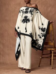 Zivah Women's Ink Print Lace Trim Bohemian Vacation Top And Wide Leg Pants 2 Pieces Set, Beach - Multicolor - View 7