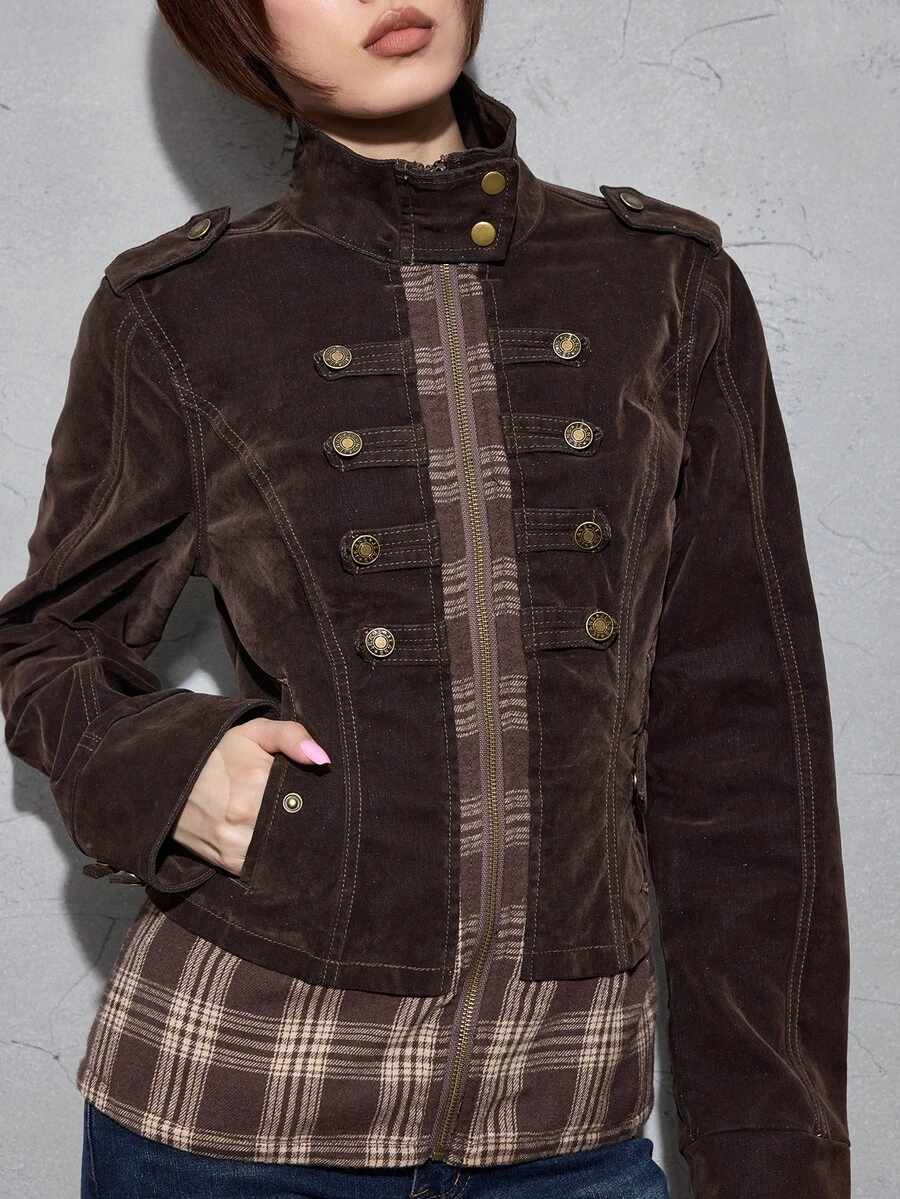 ROMWE Grunge Punk Vintage Punk Napoleon Design Plaid Patchwork Flocked Washed Slim Fit Cropped Denim Jacket - Brown - View 1