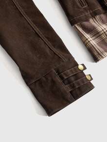 ROMWE Grunge Punk Vintage Punk Napoleon Design Plaid Patchwork Flocked Washed Slim Fit Cropped Denim Jacket - Brown - View 10