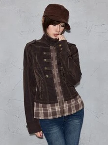 ROMWE Grunge Punk Vintage Punk Napoleon Design Plaid Patchwork Flocked Washed Slim Fit Cropped Denim Jacket - Brown - View 4