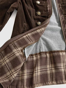 ROMWE Grunge Punk Vintage Punk Napoleon Design Plaid Patchwork Flocked Washed Slim Fit Cropped Denim Jacket - Brown - View 11