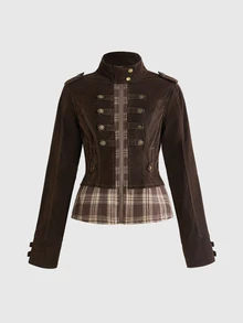 ROMWE Grunge Punk Vintage Punk Napoleon Design Plaid Patchwork Flocked Washed Slim Fit Cropped Denim Jacket - Brown - View 2