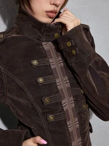ROMWE Grunge Punk Vintage Punk Napoleon Design Plaid Patchwork Flocked Washed Slim Fit Cropped Denim Jacket - Brown - View 7