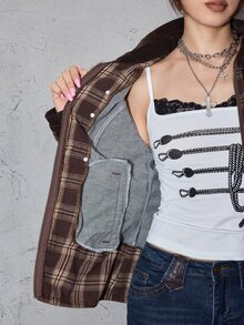 ROMWE Grunge Punk Vintage Punk Napoleon Design Plaid Patchwork Flocked Washed Slim Fit Cropped Denim Jacket - Brown - View 12