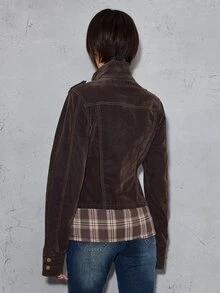 ROMWE Grunge Punk Vintage Punk Napoleon Design Plaid Patchwork Flocked Washed Slim Fit Cropped Denim Jacket - Brown - View 5
