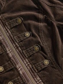 ROMWE Grunge Punk Vintage Punk Napoleon Design Plaid Patchwork Flocked Washed Slim Fit Cropped Denim Jacket - Brown - View 9