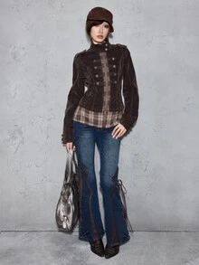 ROMWE Grunge Punk Vintage Punk Napoleon Design Plaid Patchwork Flocked Washed Slim Fit Cropped Denim Jacket - Brown - View 3