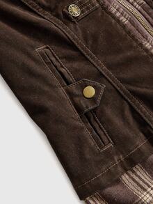 ROMWE Grunge Punk Vintage Punk Napoleon Design Plaid Patchwork Flocked Washed Slim Fit Cropped Denim Jacket - Brown - View 8