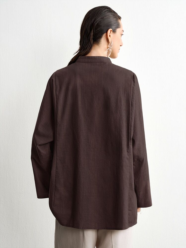 Aalyst Women's Summer New Cotton Linen Casual Minimalist Slouchy Versatile Holiday Premium Striped Craftsmanship Premium Shell Button V-Neck Premium Drop Shoulder Long Sleeve Blouse - Brown - View 2
