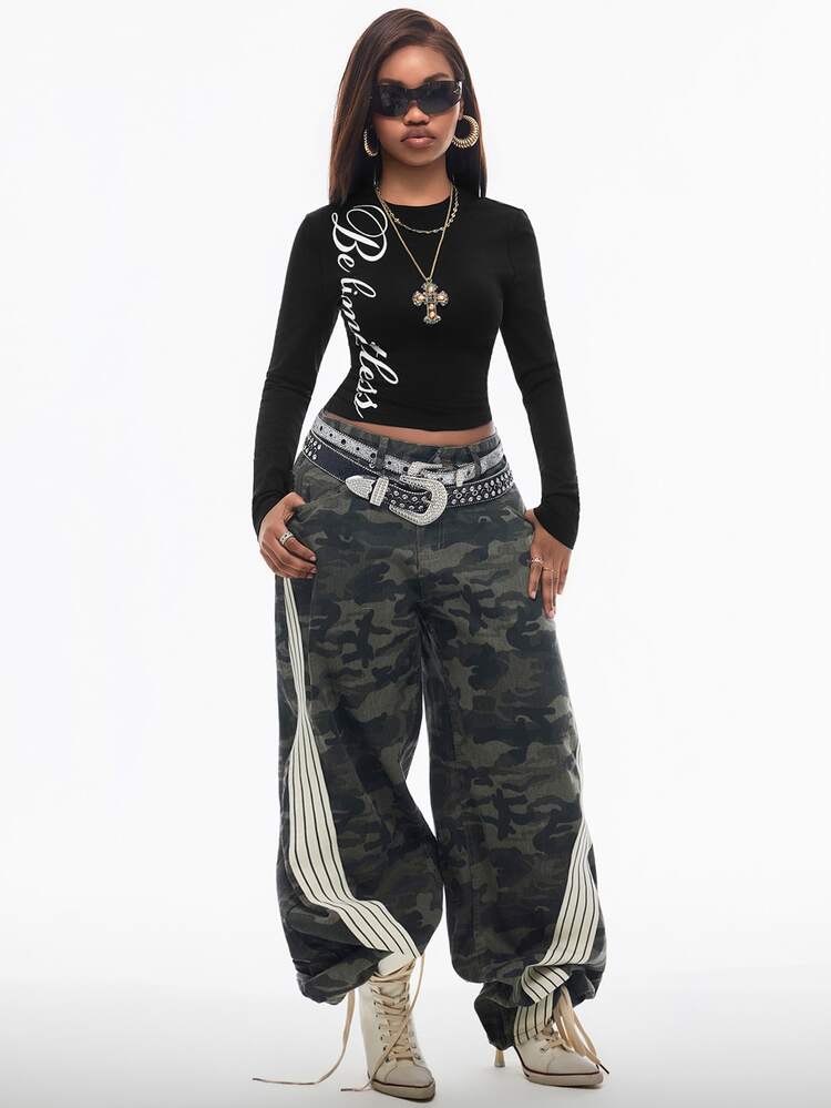 Vadaroq Women's Fall Streetwear Vintage Casual Basic Camo Comfortable Black And White Long Sleeve Crop Tees Everyday Going Out - Black - View 2