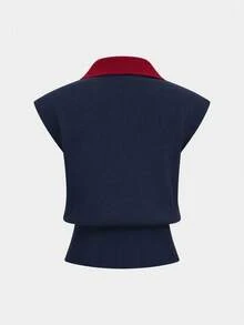 Lavishia Vintage Preppy Elegant Metal Button Knitted Vest Office Fall, Autumn/Winter - Navy Blue - View 8