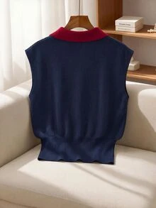Lavishia Vintage Preppy Elegant Metal Button Knitted Vest Office Fall, Autumn/Winter - Navy Blue - View 6