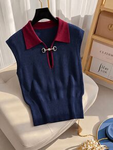 Lavishia Vintage Preppy Elegant Metal Button Knitted Vest Office Fall, Autumn/Winter - Navy Blue - View 7