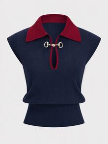 Lavishia Vintage Preppy Elegant Metal Button Knitted Vest Office Fall, Autumn/Winter - Navy Blue - View 2