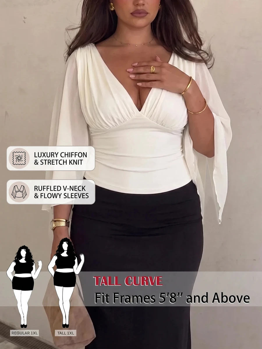 SHEIN Tall CURVE 大尺碼優雅通勤純色開衩下擺襯衫 - 白色 - 查看 1
