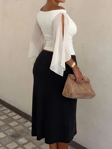 SHEIN Tall CURVE 大尺碼優雅通勤純色開衩下擺襯衫 - 白色 - 查看 7