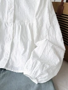 SHEIN 女童秋季休閒優雅梭織紋理提花荷葉領寬鬆泡泡長袖襯衫上衣 白色波點 棉質校園風 - 白色 - 查看 4