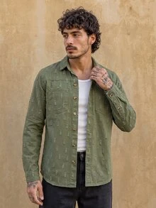 RivetRise Men Solid Pocket Patched Rapper Fashion Plain Denim Shirt Without Tee, For Party - Army Green - View 5