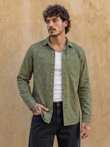 RivetRise Men Solid Pocket Patched Rapper Fashion Plain Denim Shirt Without Tee, For Party - Army Green - View 1