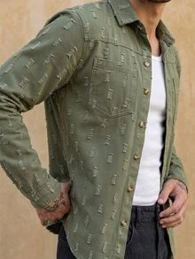 RivetRise Men Solid Pocket Patched Rapper Fashion Plain Denim Shirt Without Tee, For Party - Army Green - View 4