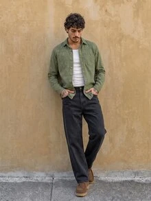 RivetRise Men Solid Pocket Patched Rapper Fashion Plain Denim Shirt Without Tee, For Party - Army Green - View 6
