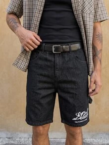 RivetRise Men's Simple Letter Printed Denim Shorts For Summer, Daily Wear - Black - View 6