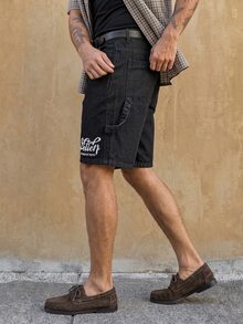 RivetRise Men's Simple Letter Printed Denim Shorts For Summer, Daily Wear - Black - View 4