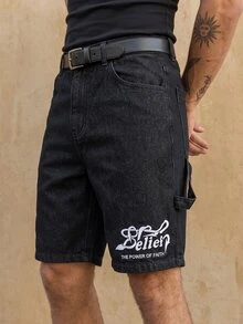 RivetRise Men's Simple Letter Printed Denim Shorts For Summer, Daily Wear - Black - View 5