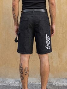 RivetRise Men's Simple Letter Printed Denim Shorts For Summer, Daily Wear - Black - View 2