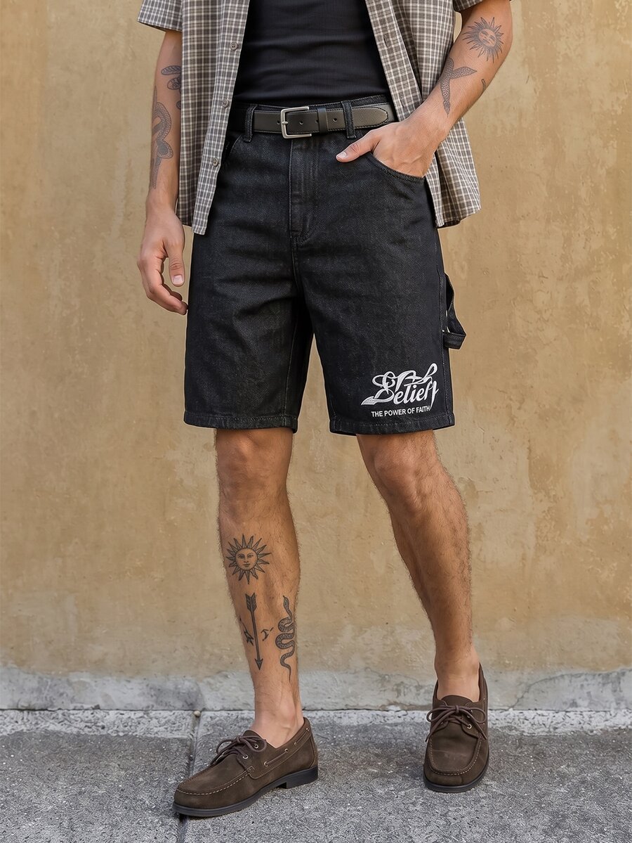 RivetRise Men's Simple Letter Printed Denim Shorts For Summer, Daily Wear - Black - View 1