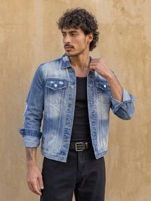 RivetRise Jaket Denim Pria dengan Kerah Lipat, Kancing, dan Saku Depan, Cocok untuk Pakaian Kasual Sehari-hari - Medium Wash - View 6