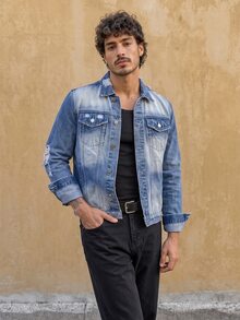RivetRise Jaket Denim Pria dengan Kerah Lipat, Kancing, dan Saku Depan, Cocok untuk Pakaian Kasual Sehari-hari - Medium Wash - View 8