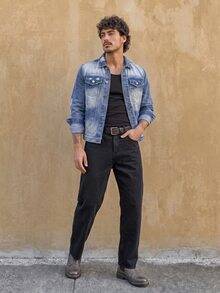RivetRise Jaket Denim Pria dengan Kerah Lipat, Kancing, dan Saku Depan, Cocok untuk Pakaian Kasual Sehari-hari - Medium Wash - View 5