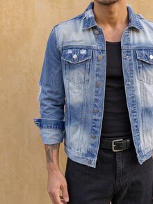 RivetRise Jaket Denim Pria dengan Kerah Lipat, Kancing, dan Saku Depan, Cocok untuk Pakaian Kasual Sehari-hari - Medium Wash - View 7