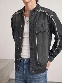 RivetRise 男士休闲街头装说唱歌手纯色深色牛仔夹克，带口袋和磨损下摆，春秋季，适合外出 - 黑色 - 查看 4