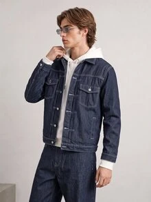 RivetRise Solid Color Button-Up Front Pocket Casual Long Sleeve Loose Denim Jacket - Dark Wash - View 5