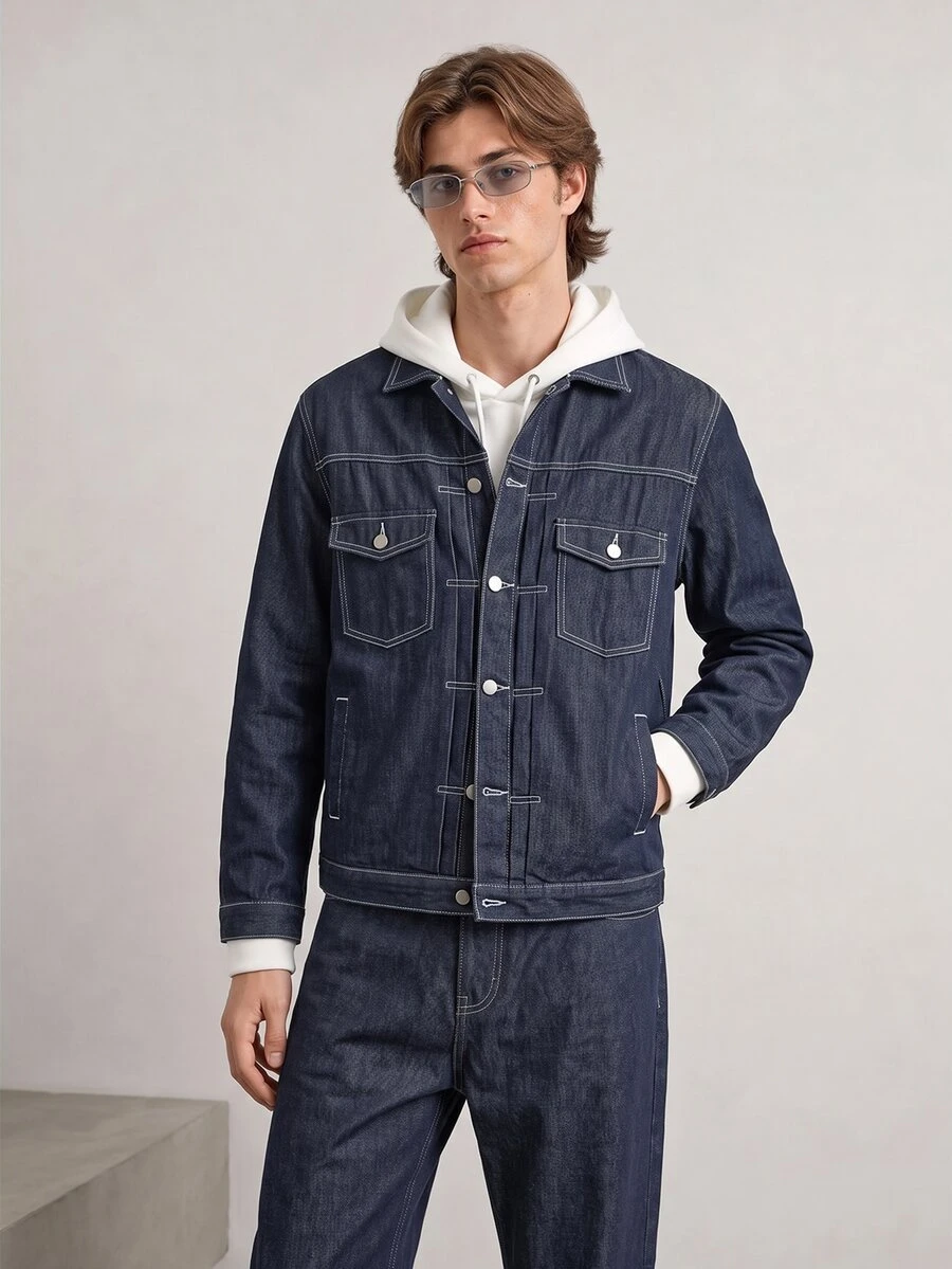 RivetRise Solid Color Button-Up Front Pocket Casual Long Sleeve Loose Denim Jacket - Dark Wash - View 1
