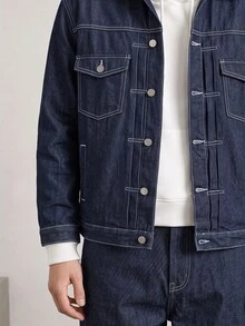 RivetRise Solid Color Button-Up Front Pocket Casual Long Sleeve Loose Denim Jacket - Dark Wash - View 4