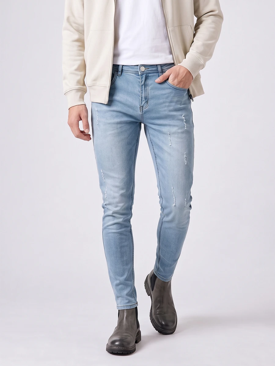 RivetRise Men's Simple Ripped Pocket Casual Jeans, For Daily Wear - Light Wash - View 1