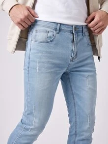 RivetRise Men's Simple Ripped Pocket Casual Jeans, For Daily Wear - Light Wash - View 4