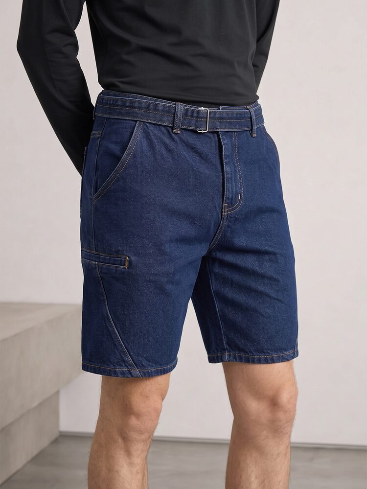 RivetRise Pantalones cortos de mezclilla casuales de unicolor con bolsillo para hombre, apropiados para el verano - Azul lavado oscuro - Añade 6